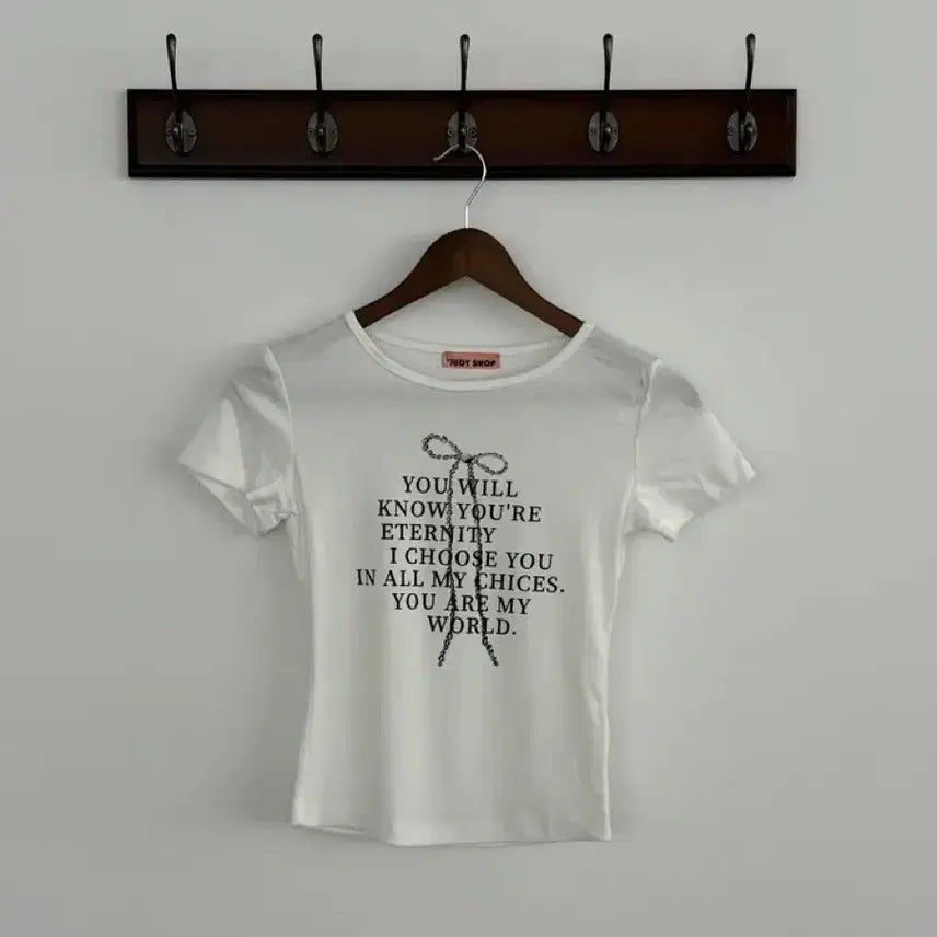 [BUNJANG] Ribbon Lettering Crop Short Sleeve T-Shirt / (새상품) 리본 레터링 크롭 반팔티