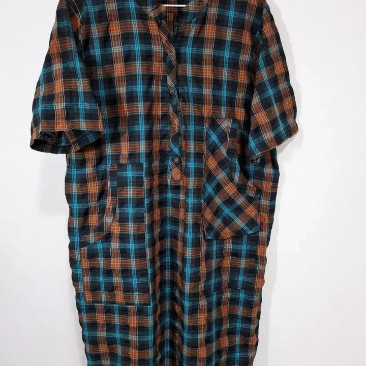 [BUNJANG] Gingham Check Short Sleeve Long Dress / 지지미 체크무늬 반팔 롱 원피스