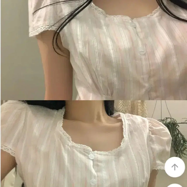 [BUNJANG] Sleeveless Stripe Lace Blouse / 캡소매 스트라이프 레이스 블라우스