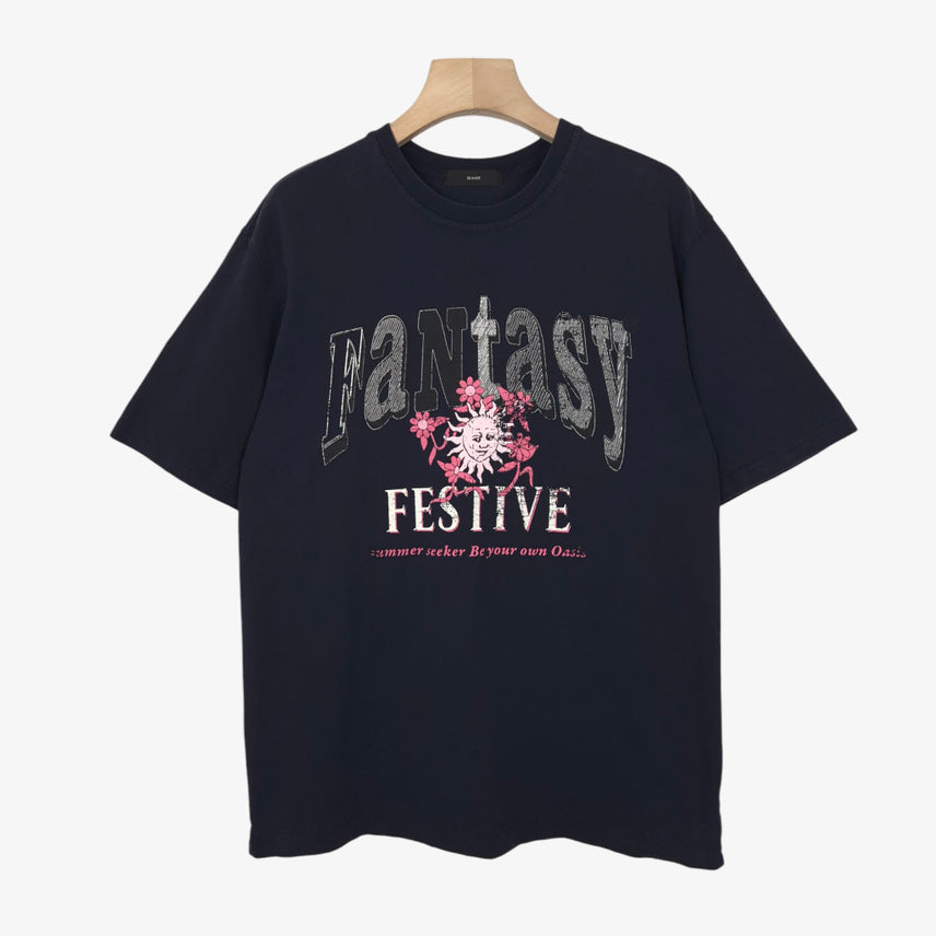 [BUNJANG] BEAKER Navy Printed Short Sleeve T-Shirt / [105] 비이커 네이비 프린팅 반팔 티셔츠
