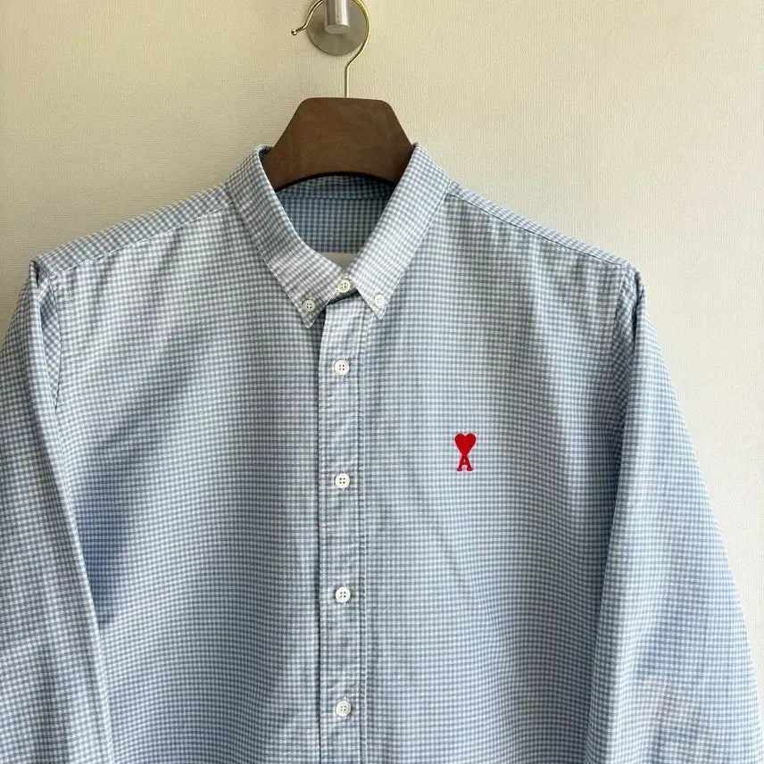 [BUNJANG] AMI Paris Small Heart Logo Blue Gingham Check Shirt / 아미 스몰 하트 로고 블루 깅엄 체크 셔츠
