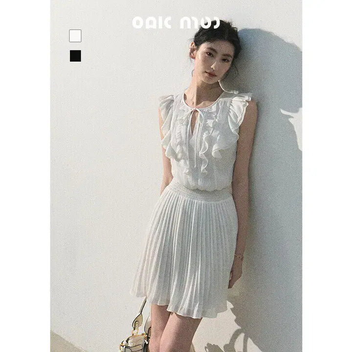 [BUNJANG] OAKMOO Ruffle Tie Sleeveless Pleated Mini Dress / OAKMOO 오크무 러플 타이 민소매 플리츠 미니 원피스