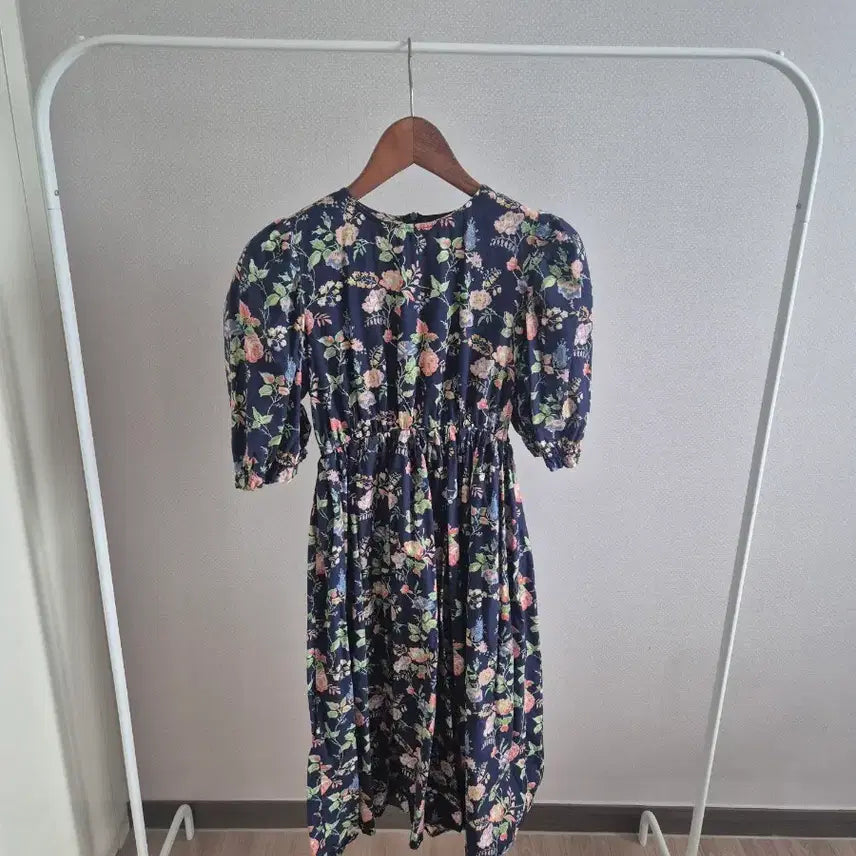 [BUNJANG] Flower Pattern Long Dress Puff Sleeve / 플라워 패턴 롱 원피스 퍼프 소매
