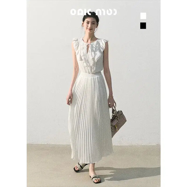 [BUNJANG] OAKMOO Chiffon Ruffle Tie Sleeveless Pleated Long Dress / OAKMOO 오크무 시폰 러플 타이 민소매 플리츠 롱드레스