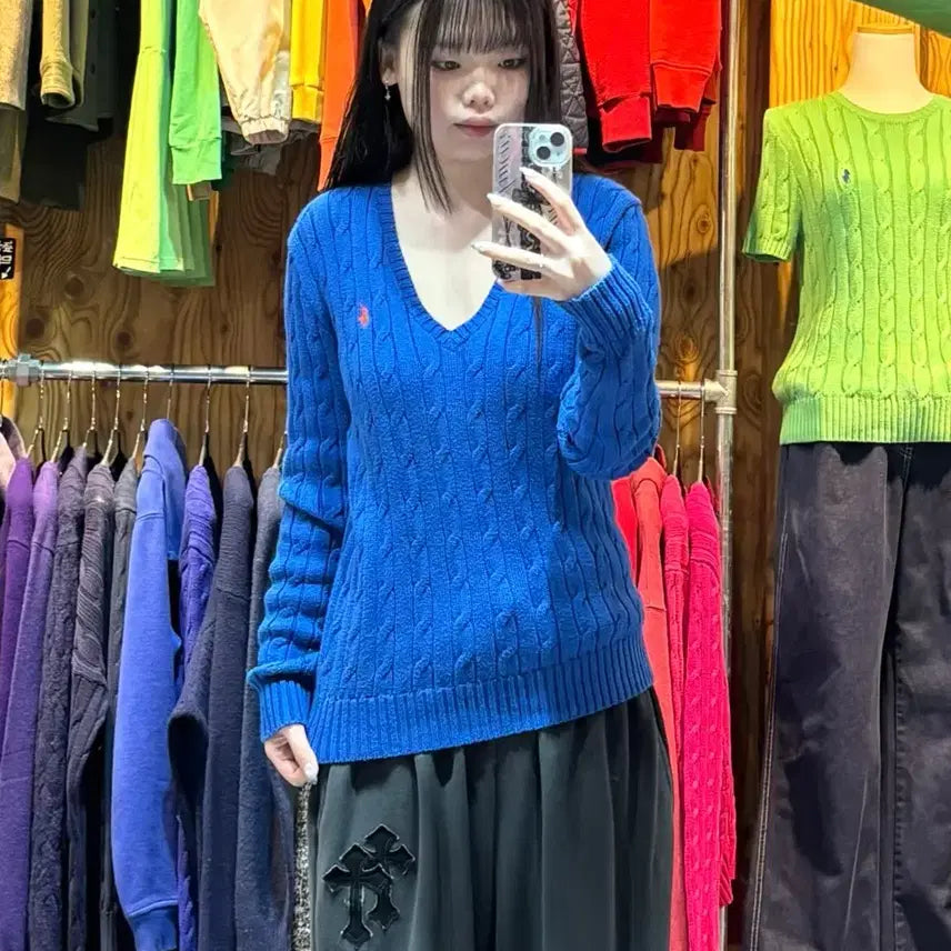 [BUNJANG] Polo Ralph Lauren Orange Pony Blue Cable V-Neck Knit (Size M) / M 폴로랄프로렌 오렌지포니 블루 케이블 브이넥 니트