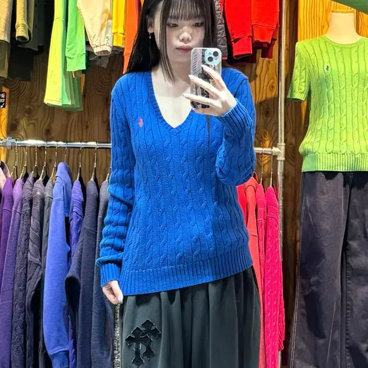 [BUNJANG] Polo Ralph Lauren Orange Pony Blue Cable V-Neck Knit (Size M) / M 폴로랄프로렌 오렌지포니 블루 케이블 브이넥 니트