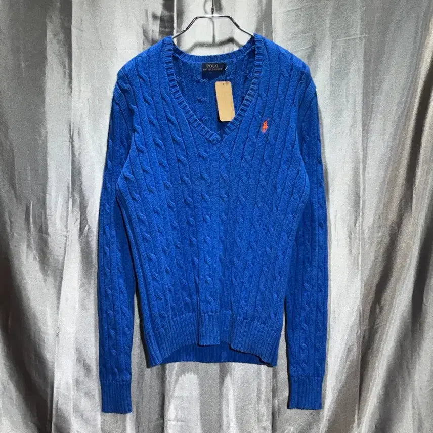 [BUNJANG] Polo Ralph Lauren Orange Pony Blue Cable V-Neck Knit (Size M) / M 폴로랄프로렌 오렌지포니 블루 케이블 브이넥 니트