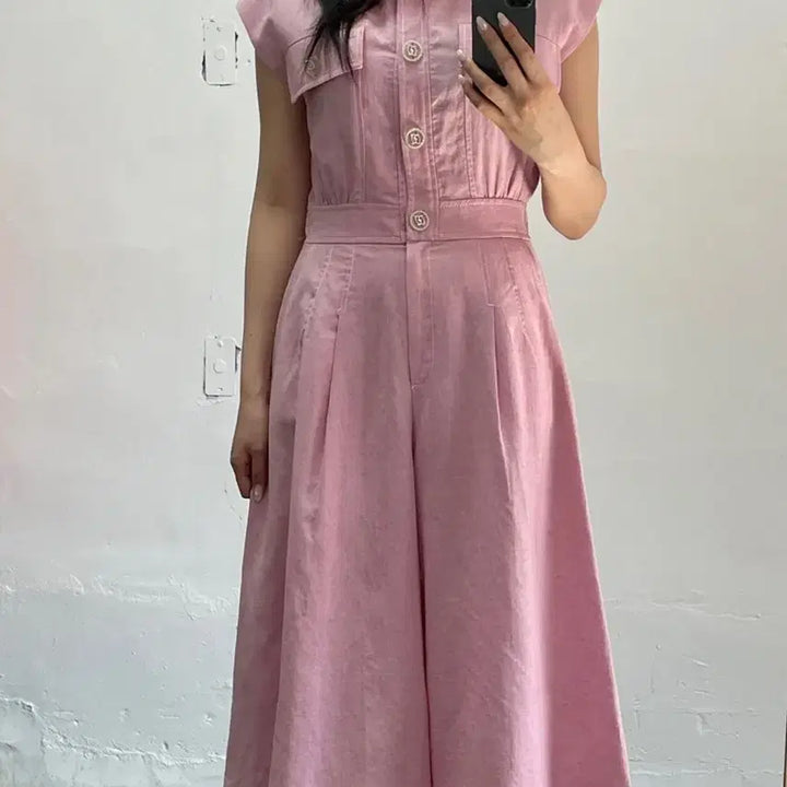[SOLD OUT] 오브제 핑크 반팔 점프수트 스타일 여성복