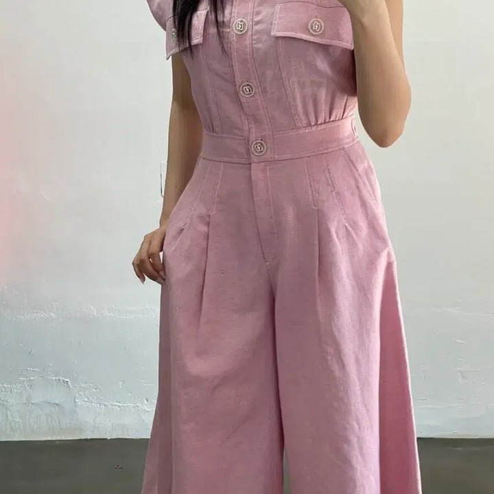 [SOLD OUT] 오브제 핑크 반팔 점프수트 스타일 여성복