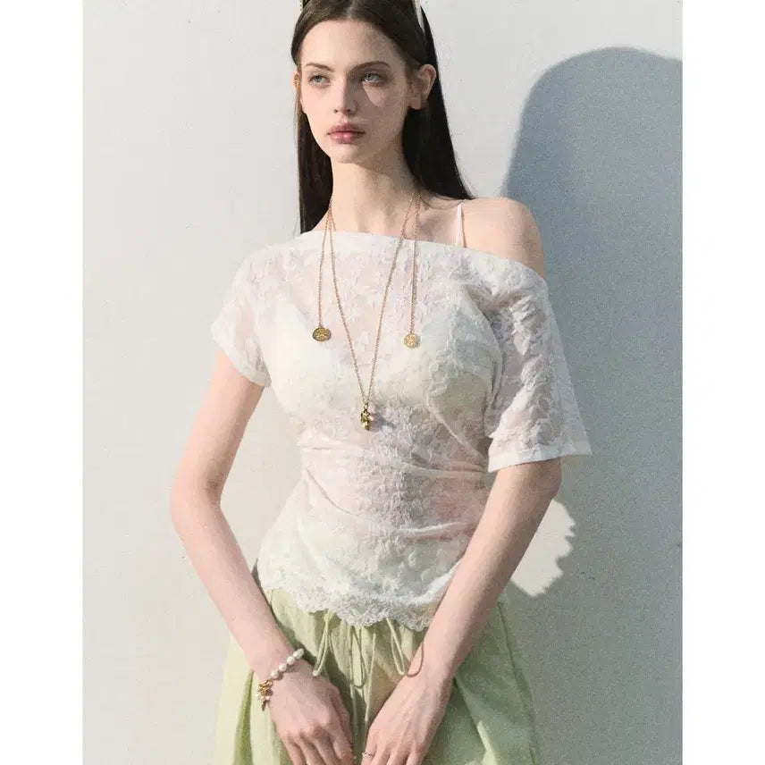 [BUNJANG] OAKMOO See-through Asymmetric Off-shoulder Jacquard Lace Top / OAKMOO 오크무 시스루 비대칭 오프숄더 자카드 레이스 탑