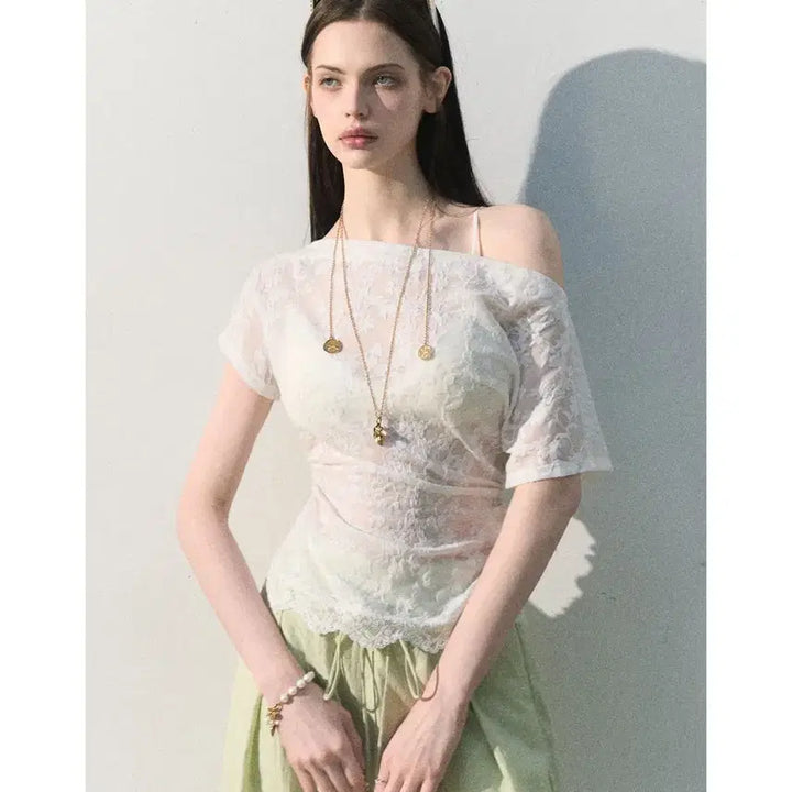 [BUNJANG] OAKMOO See-through Asymmetric Off-shoulder Jacquard Lace Top / OAKMOO 오크무 시스루 비대칭 오프숄더 자카드 레이스 탑