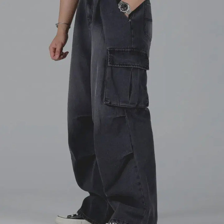 [BUNJANG] HOOR Washed Black Denim Cargo Wide Pants (Size L) / 워싱 블랙 데님 카고 와이드 팬츠 사이즈L
