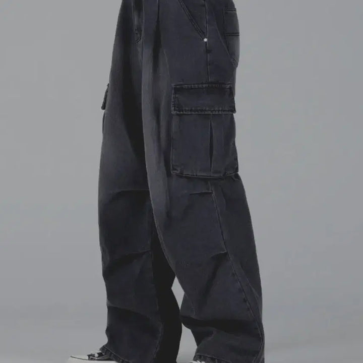 [BUNJANG] HOOR Washed Black Denim Cargo Wide Pants (Size L) / 워싱 블랙 데님 카고 와이드 팬츠 사이즈L