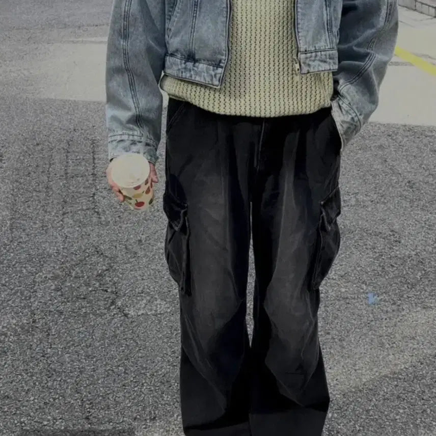 [BUNJANG] HOOR Washed Black Denim Cargo Wide Pants (Size L) / 워싱 블랙 데님 카고 와이드 팬츠 사이즈L