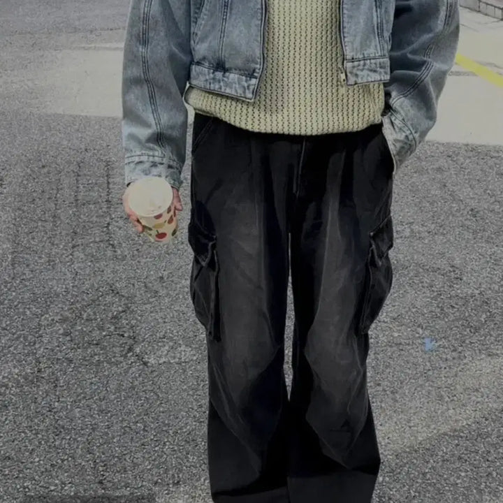 [BUNJANG] HOOR Washed Black Denim Cargo Wide Pants (Size L) / 워싱 블랙 데님 카고 와이드 팬츠 사이즈L