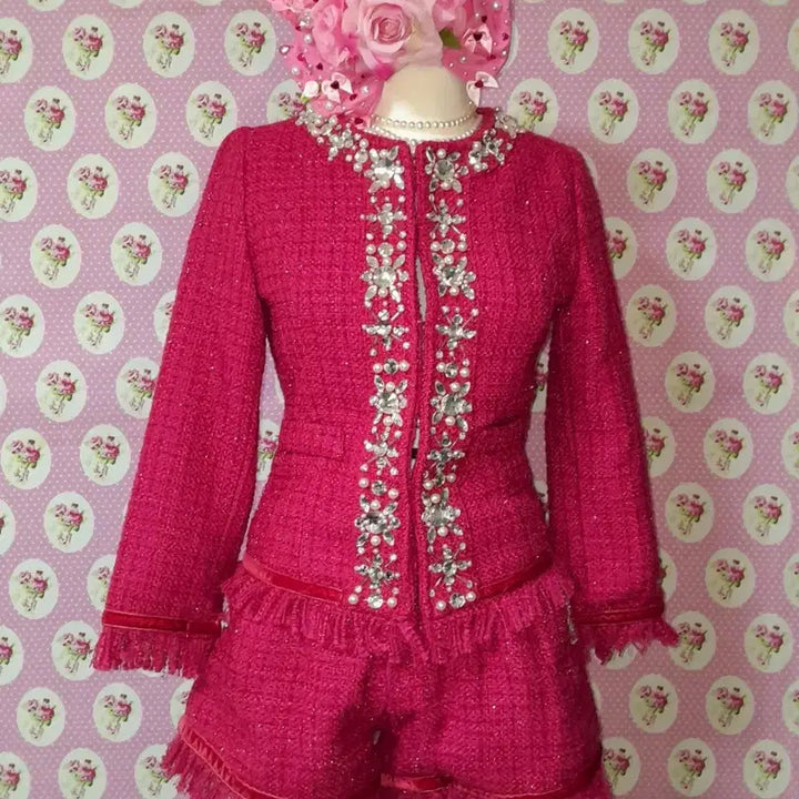 [BUNJANG] EmiriaWiz Hot Pink Bijou Detail Tweed Set-up / 에미리아위즈 핫핑크 비쥬 디테일 트위드 셋업