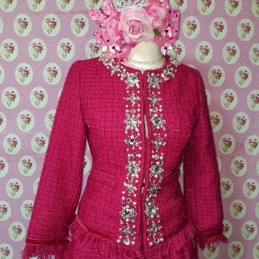 [BUNJANG] EmiriaWiz Hot Pink Bijou Detail Tweed Set-up / 에미리아위즈 핫핑크 비쥬 디테일 트위드 셋업