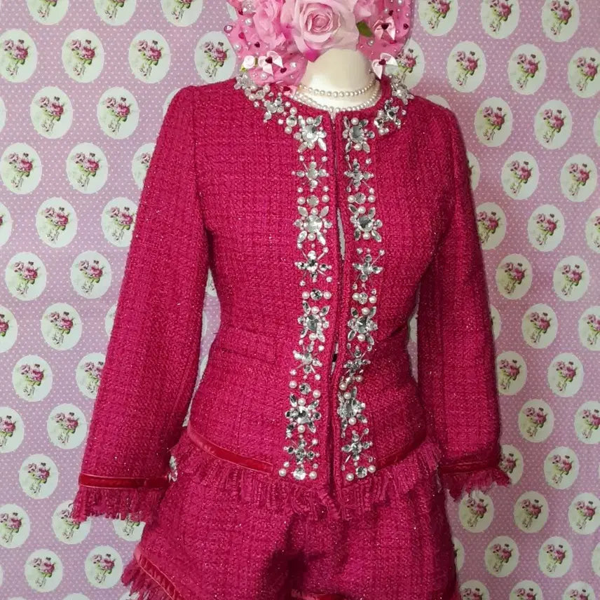 [BUNJANG] EmiriaWiz Hot Pink Bijou Detail Tweed Set-up / 에미리아위즈 핫핑크 비쥬 디테일 트위드 셋업