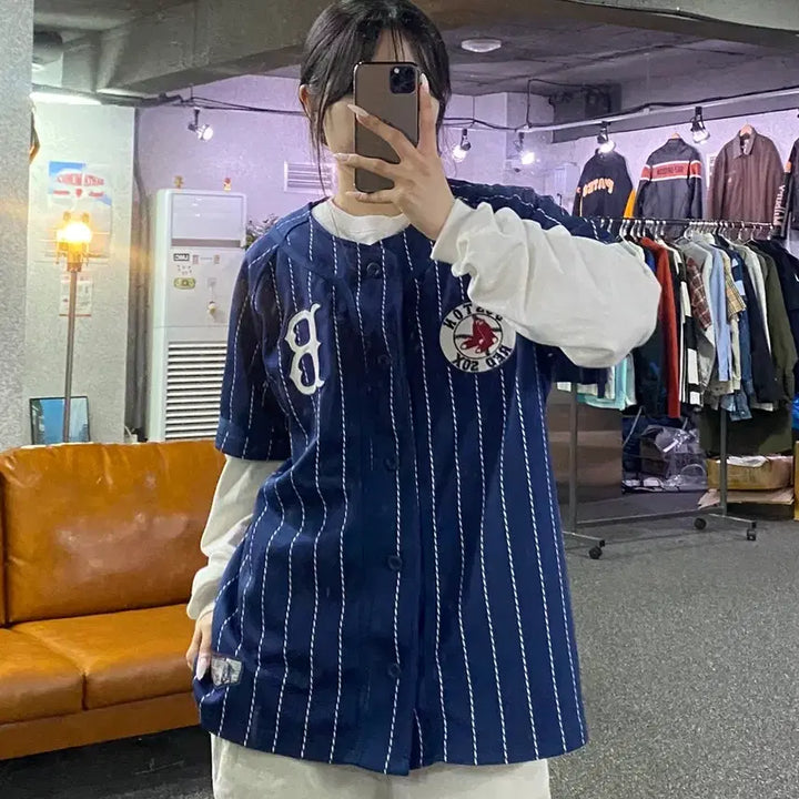 [BUNJANG] MLB Boston Red Sox Striped Short Sleeve T-Shirt / 엠엘비 보스턴 레드삭스 스트루이프 반팔 티셔츠B4761