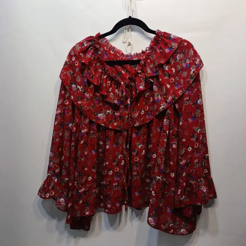 [BUNJANG] Red Flower Frill Blouse Size 95 / 레드 플라워 프릴 블라우스95사이즈여름 65037