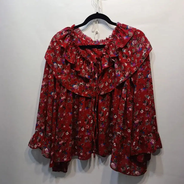 [BUNJANG] Red Flower Frill Blouse Size 95 / 레드 플라워 프릴 블라우스95사이즈여름 65037