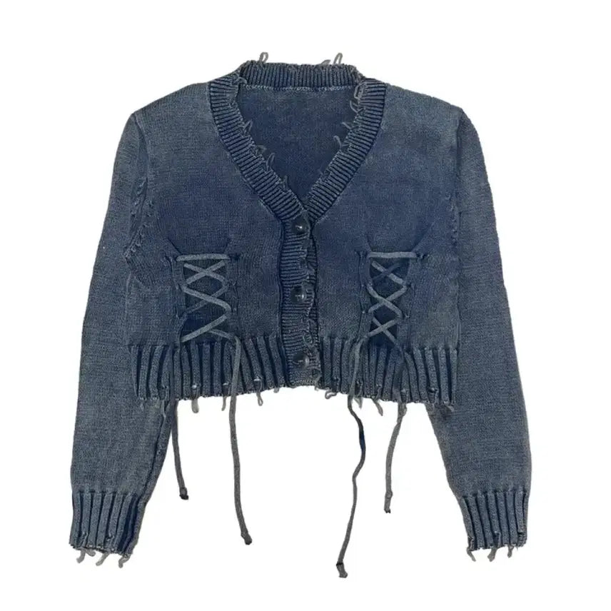 [BUNJANG] Pigment Dyeing Washed Eyelet Knit Cardigan / 피그다잉 워싱 아일렛 니트 가디건