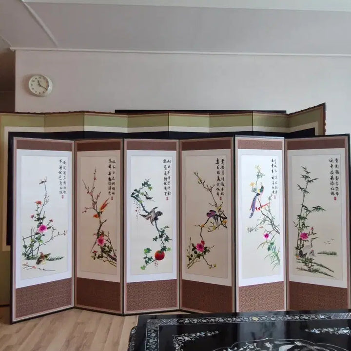 [BUNJANG] 6-Panel Folding Screen with Embroidered Birds and Flowers / 고급 자수 병풍 6폭 화조도 고가구