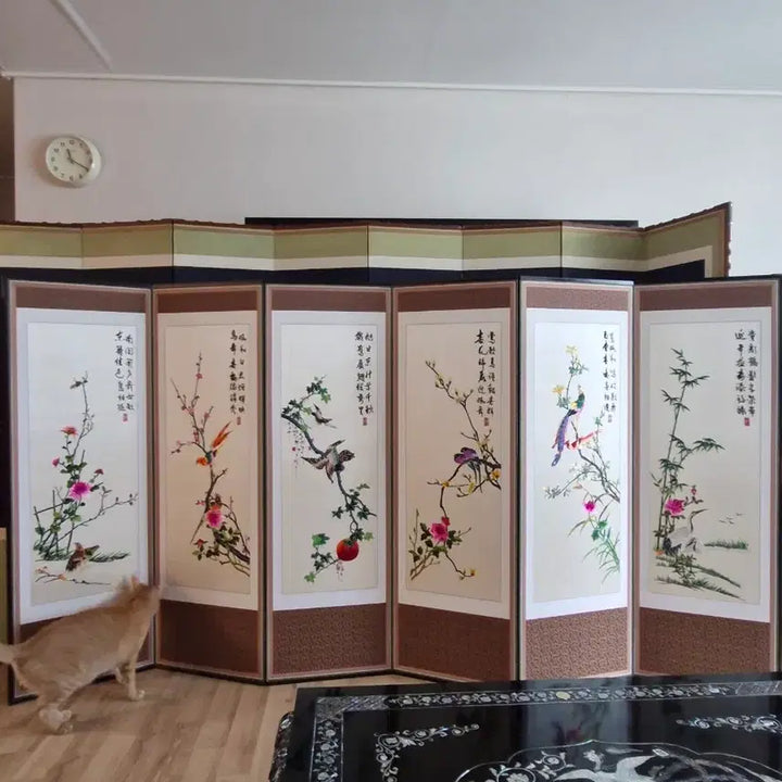 [BUNJANG] 6-Panel Folding Screen with Embroidered Birds and Flowers / 고급 자수 병풍 6폭 화조도 고가구