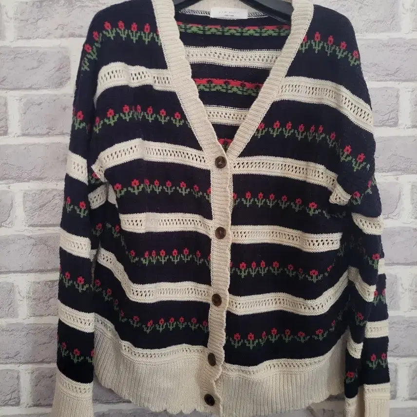 [BUNJANG] Navy Flower Print Stripe Cardigan / 네이비 플라워 프린트 스트라이프 가디건/알뜰한여우