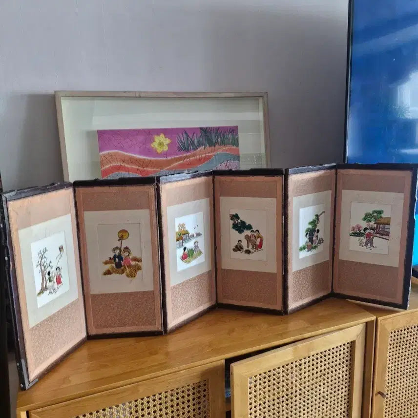 [BUNJANG] Antique Folk Painting 6-Panel Folding Screen / 옛날 손자수 미니  민속화 6폭 병풍 골동품