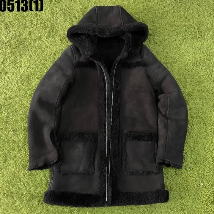 [BUNJANG] Sandro Black Suede Hooded Long Coat / 산드로 샌드로 블랙 무스탕 후드 롱 코트 1size