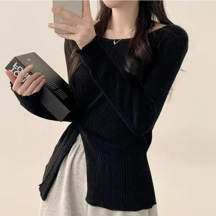 [BUNJANG] Side Slit Long Sleeve Knit Top / 사이드 트임 슬릿 긴팔티