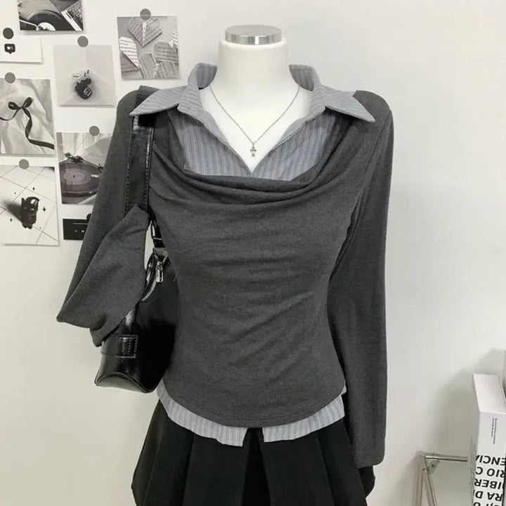 [BUNJANG] Layered Slim Fit Long Sleeve T-Shirt with Integrated Shirt / 셔츠 일체형 레이어드 슬림핏 스판 드레이프 긴팔 티셔츠