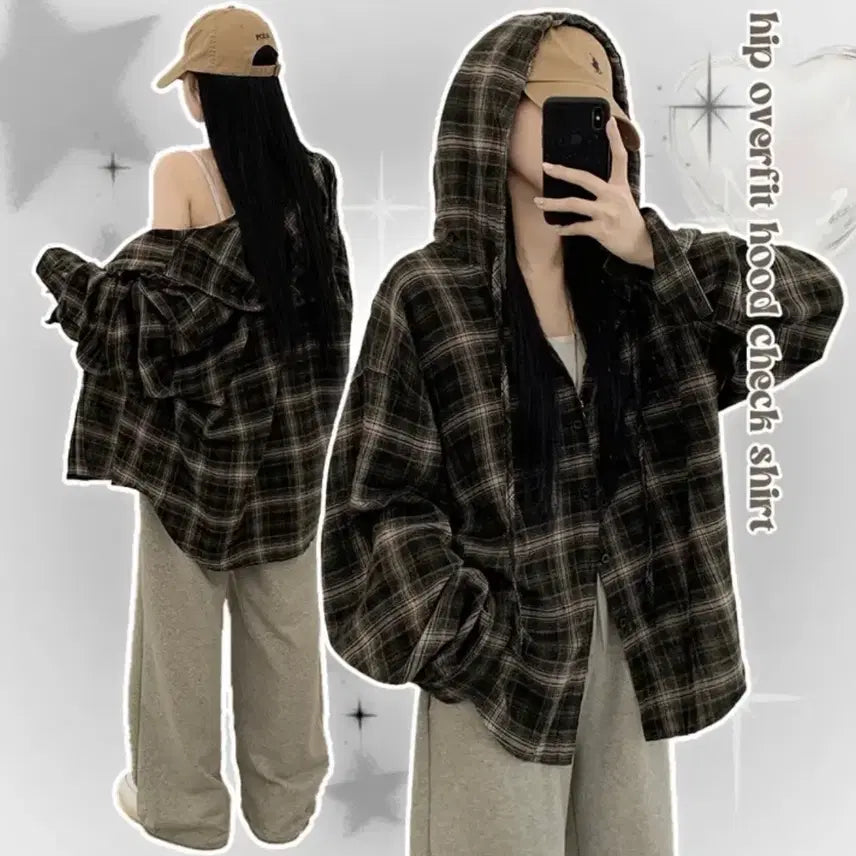 [BUNJANG] Bliz Vintage Hooded String Check Shirt Zip-up / 에이블리 블리즈 힙한 피치면 빈티지 후드 스트링 체크셔츠 집업 개강룩