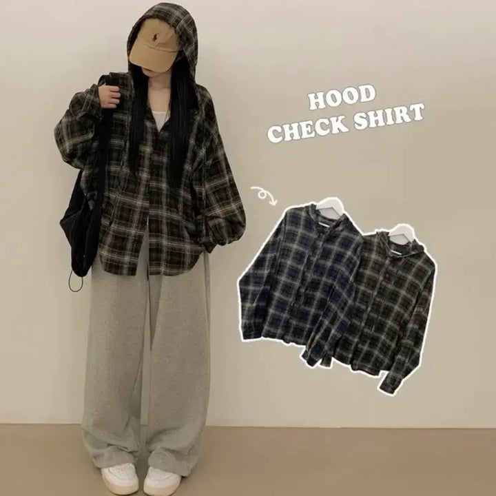 [BUNJANG] Bliz Vintage Hooded String Check Shirt Zip-up / 에이블리 블리즈 힙한 피치면 빈티지 후드 스트링 체크셔츠 집업 개강룩