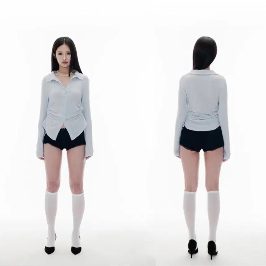 [BUNJANG] Highschooldisco Knit Shirring Shirt Sky Blue / 하이스쿨디스코(니트 셔링 셔츠_스카이블루)