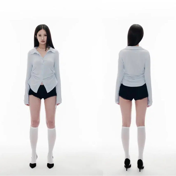 [BUNJANG] Highschooldisco Knit Shirring Shirt Sky Blue / 하이스쿨디스코(니트 셔링 셔츠_스카이블루)
