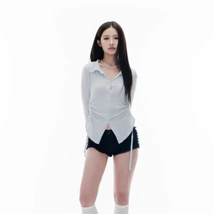 [BUNJANG] Highschooldisco Knit Shirring Shirt Sky Blue / 하이스쿨디스코(니트 셔링 셔츠_스카이블루)