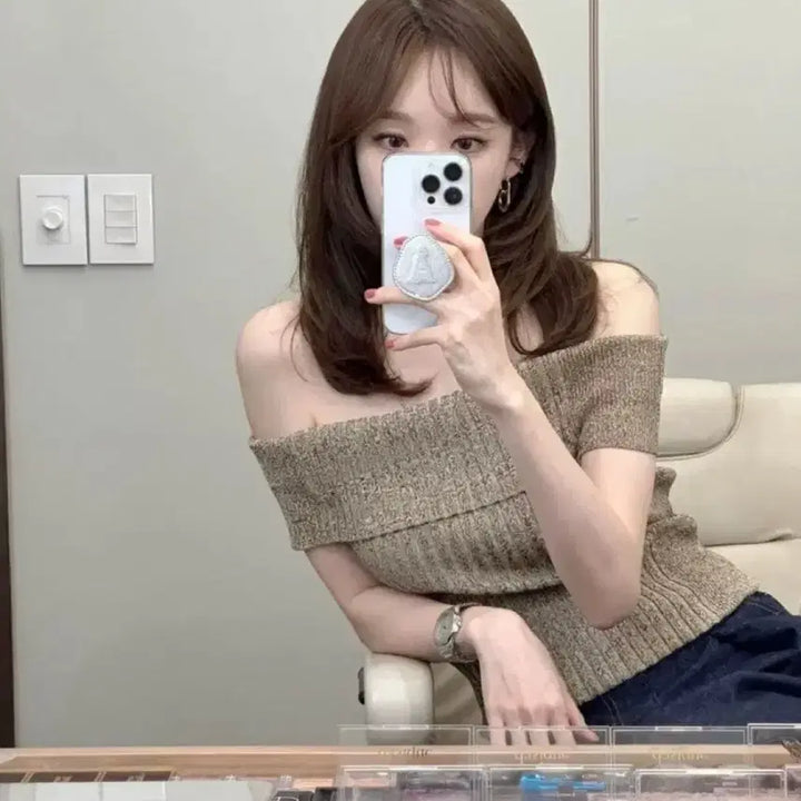 [BUNJANG] GANNI Off-Shoulder Mélange Top - Size M (New) / GANNI 가니 오프숄더 멜란지 탑 M 새상품