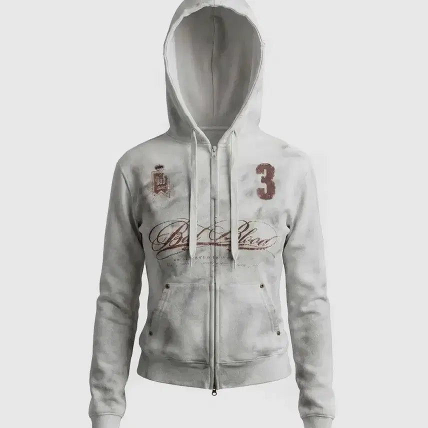 [BUNJANG] BAD BLOOD Royal Classic Distressed Hoodie Zip-Up - White / 배드 블러드 로열 클래식 디스트레스드 후드 집업 - 화이트