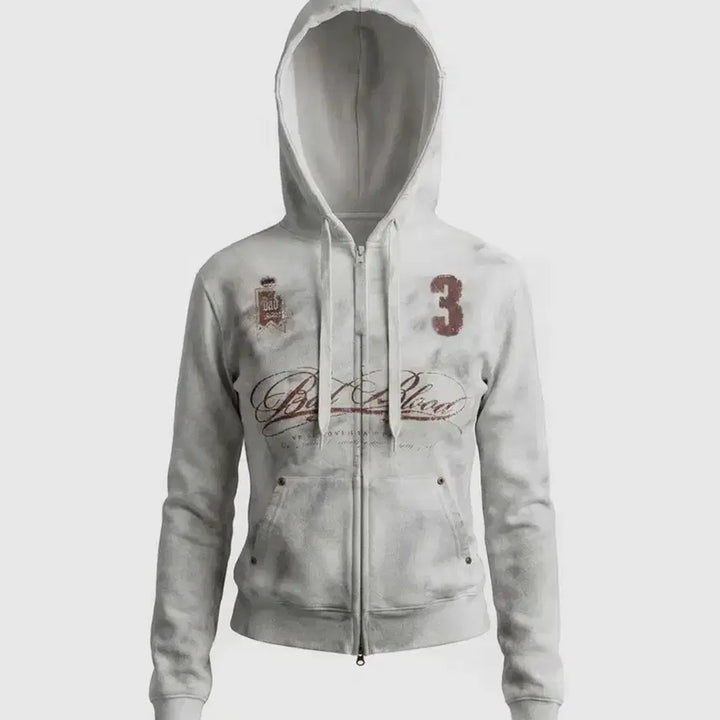 [BUNJANG] BAD BLOOD Royal Classic Distressed Hoodie Zip-Up - White / 배드 블러드 로열 클래식 디스트레스드 후드 집업 - 화이트