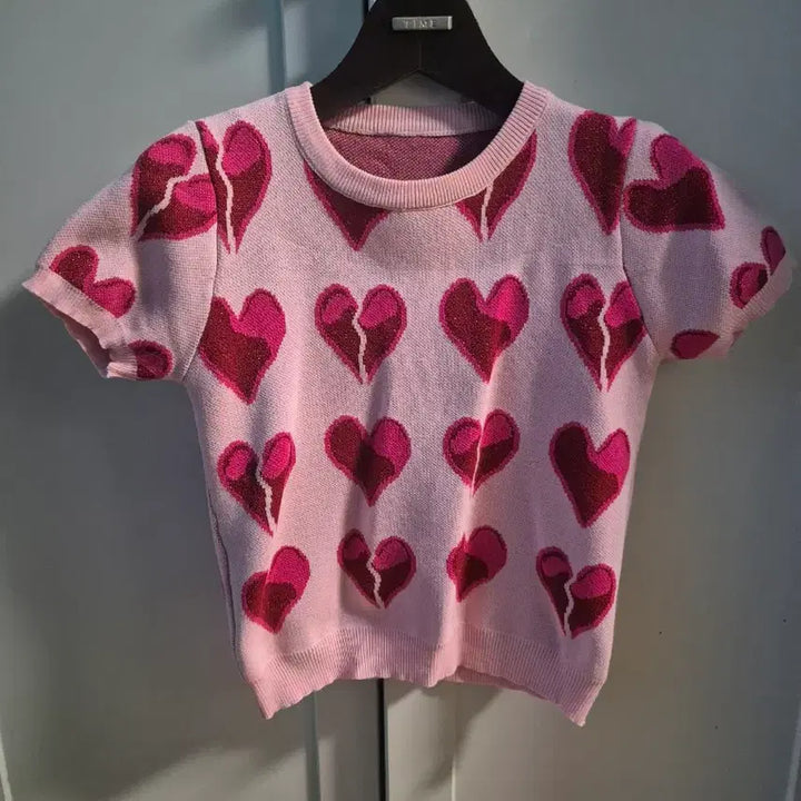 [BUNJANG] Pink Heart Knit Two-Piece Set / 핑크 하트 니트 상하세트 투피스