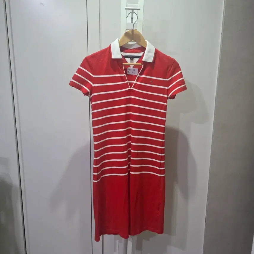 [BUNJANG] Tommy Hilfiger Red Stripe Collar Midi Dress / 타미힐피거 레드 스트라이프 카라 원피스
