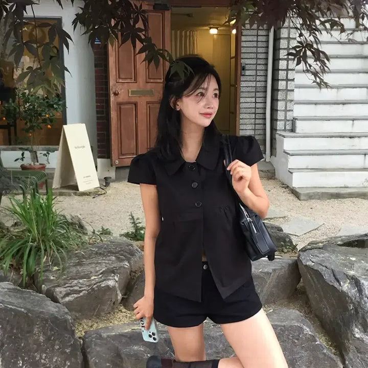 [BUNJANG] Black Puff Sleeve Blouse Shirt / 블랙 퍼프 소매 셔츠 블라우스 (새상품)