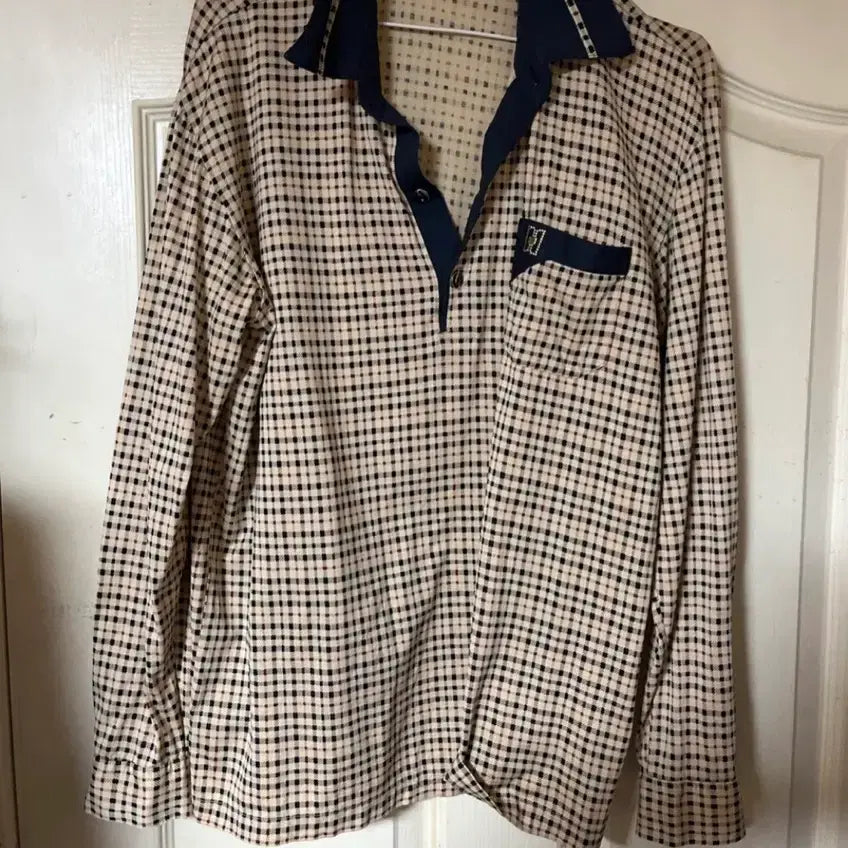 [BUNJANG] Navy Trim Checkered Long Sleeve Shirt / 체크 무늬 긴팔 카라 셔츠