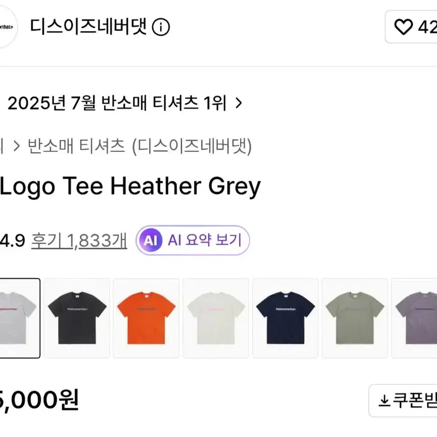 [BUNJANG] Thisisneverthat Grey T-Shirt Size M / 디스이즈네버댓 그레이 반팔 티셔츠 M