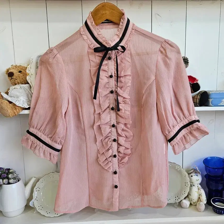 [BUNJANG] SWORDFISH Pink Frill Ribbon Blouse / 핑크 프릴 리본 블라우스