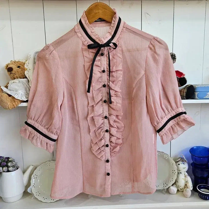 [BUNJANG] SWORDFISH Pink Frill Ribbon Blouse / 핑크 프릴 리본 블라우스