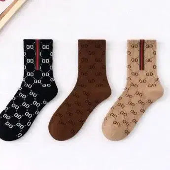 [BUNJANG] Patterned Socks Set (Black, Brown, Beige) - 3 Pairs / 패턴 양말 (검/갈/베이지) 3쌍
