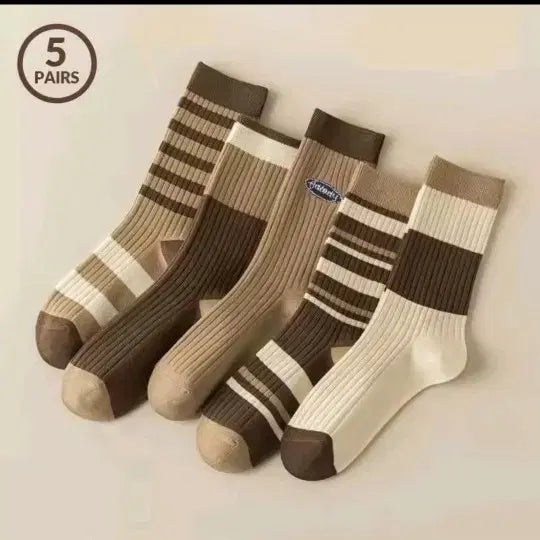 [BUNJANG] Striped Ribbed Socks 5-Pair Set / 줄무늬 골지 양말 5켤레 세트